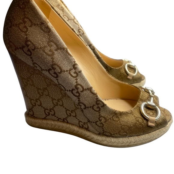 Gucci GG Canvas Charlotte Horsebit Wedge Espadrille Peep Toe Pumps Size EU 39 - Picture 9 of 11